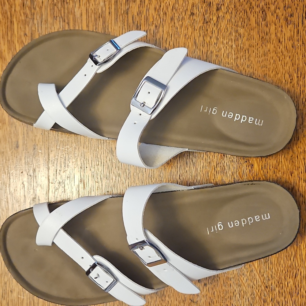Madden Girl White and Tan Buckle Sandals